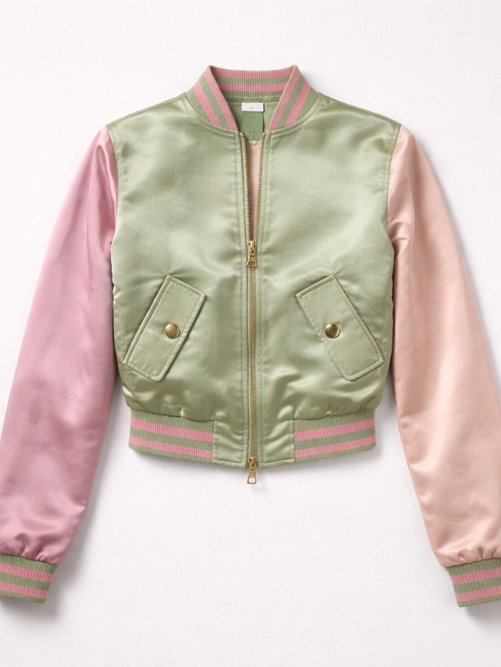 Moschino Vintage 90s Cheap & Chic Runway Pastel Green and Pink Bomber Jacket (6)